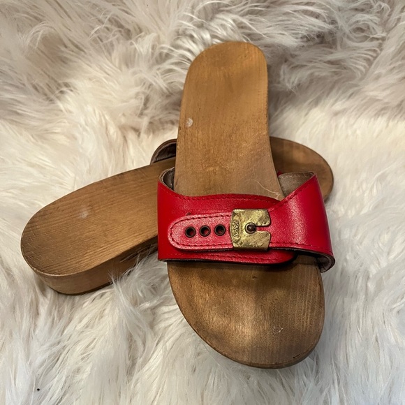 Dr Scholls Red Leather Sandals Sz 7 Womens Wood Slip On Shoes Vtg 70s 80s Italy - Picture 2 of 5